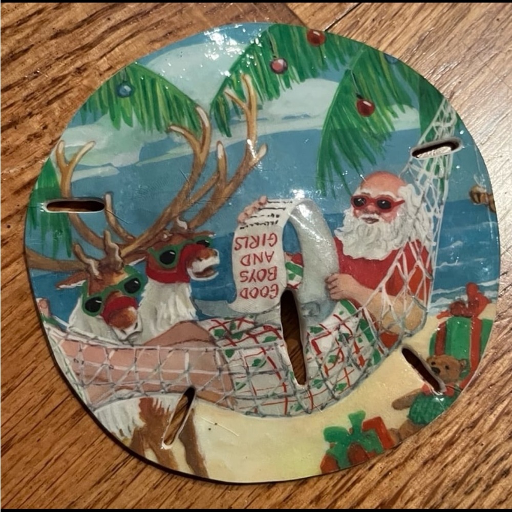 NWOT - Sand dollar Festive Santa and Reindeer Holiday Ornament seashell decor